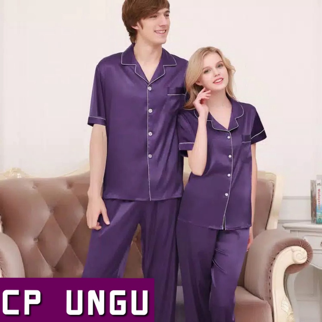 BAJU TIDUR COUPLE/PASANGAN JUMBO PRIA/WANITA / SUAMI ISTRI SATIN SILK-2 PCS- UNGU TERONG