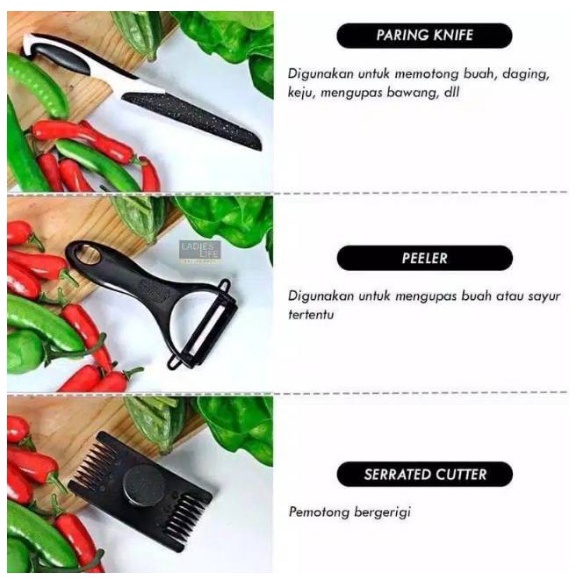 Pisau Set Dapur 5in1 isi 5pcs Maifin Hitam  / Pisau set 5 pcs / PISAU DAPUR SET 5 PCS/PISAU KERAMIK Set Pisau Dapur isi 5 pcs Maifan /  Pisau Dapur + Peeler Hitam 515 Pisau set batu maifan 5in1