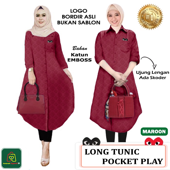 Baju Atasan Tunik LONG TUNIC PLAY POCKET JUMBO Wanita Muslim Bahan Katun Emboss Premium Size XL-XXL / 17656 17659