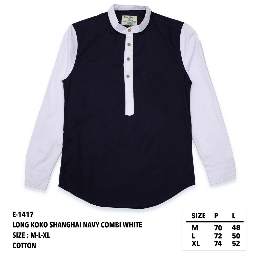 SANVANINA E-1417 Kemeja Koko Shanghai Panjang Navy Combi White | Baju Pria Cowok Biru Dongker