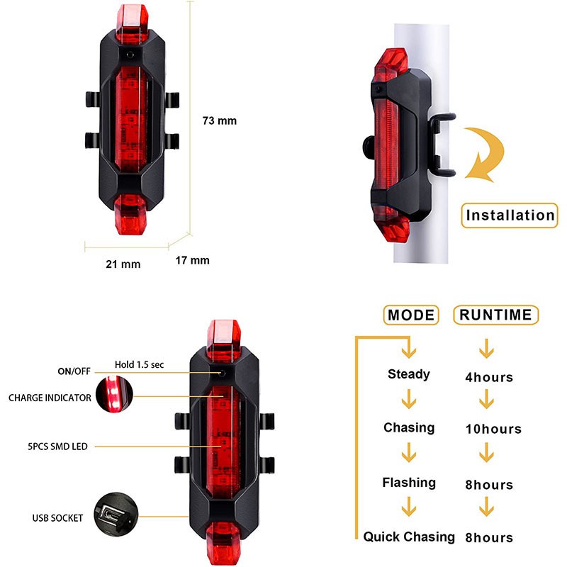 Stop Lamp / Lampu Belakang Sepeda LED USB Rechargeable Waterproof Anti Air + Kabel Usb cash