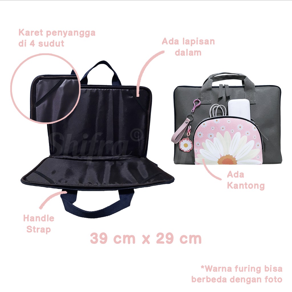 Shifra Tas Laptop Jinjing Tenteng Kantong Bunga Daisy Kombinasi Key Chain