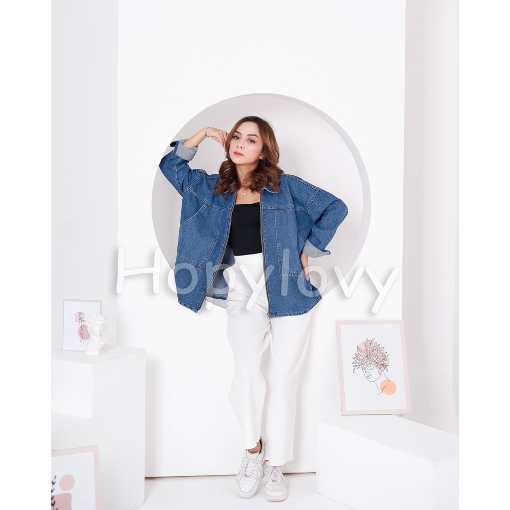 HOPYLOVY Jaket Jeans Wanita Oversize Kekinian Kamela