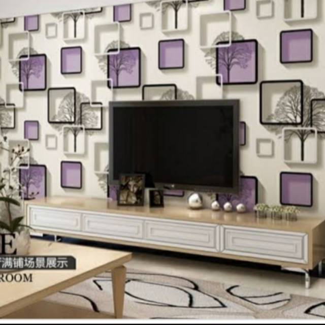 WALLPAPER DINDING MOTIF KOTAK UNGU