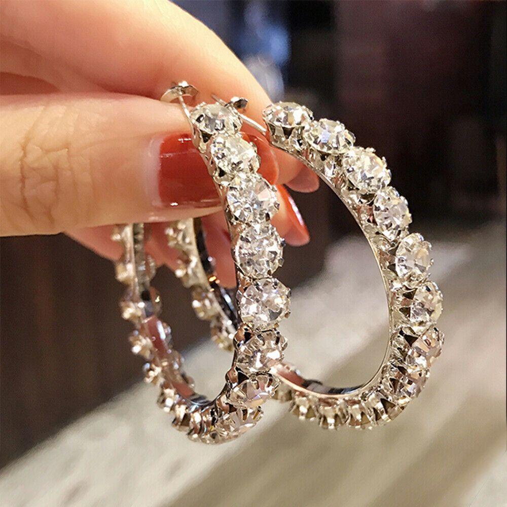 Top Anting Hoop Earrings Charm Wanita Statement Jewelry Kristal Mengkilap