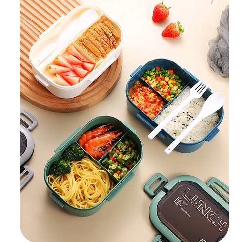 AMORA Kotak Makan  / Lunch Box Anti Tumpah Free Sendok Garpu 2 Tingkat 3 Skat 1200ML 0240 BPA Free