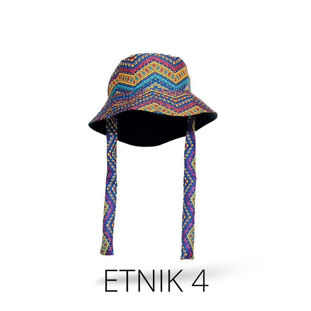 Topi Wide Bucket Hat Tali Motif Etnik Fashion Korean Style Wanita Pria Pantai Outdoor Selebgram