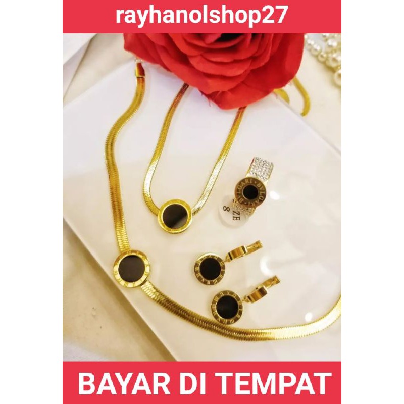 SET PERHIASAN TITANIUM GOLD LENGKAP MOTIF BATU HITAM ZIRCON LAPIS EMAS ANTI PUDAR