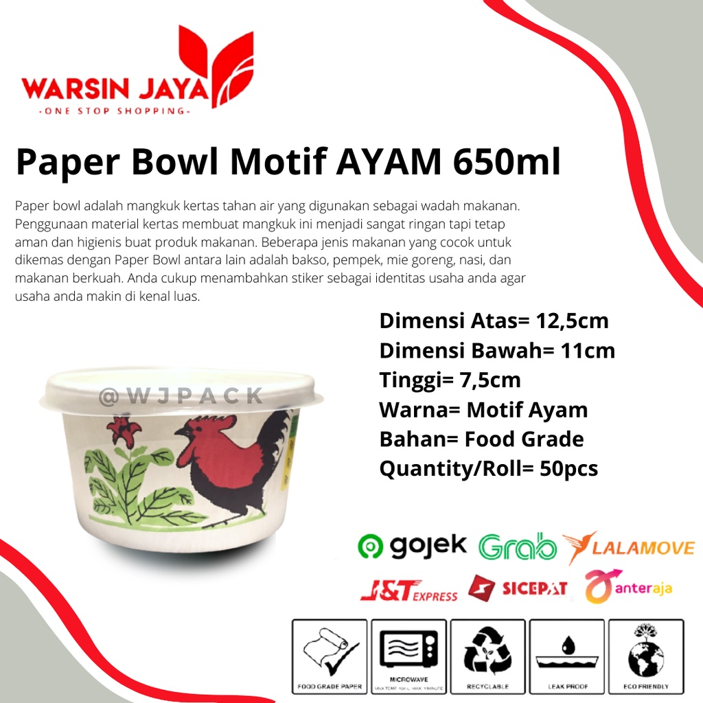 PAPER  BOWL 650ML MOTIF ISI 50PC+LID