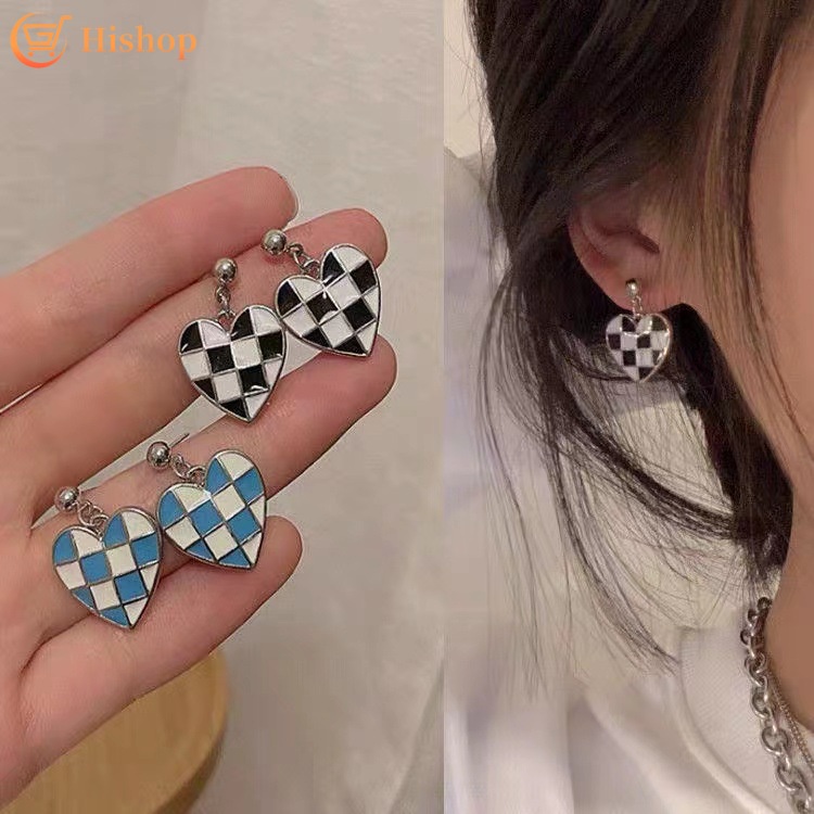 Anting Stud Bentuk Hati Motif Kotak-Kotak Gaya Korea Untuk Wanita