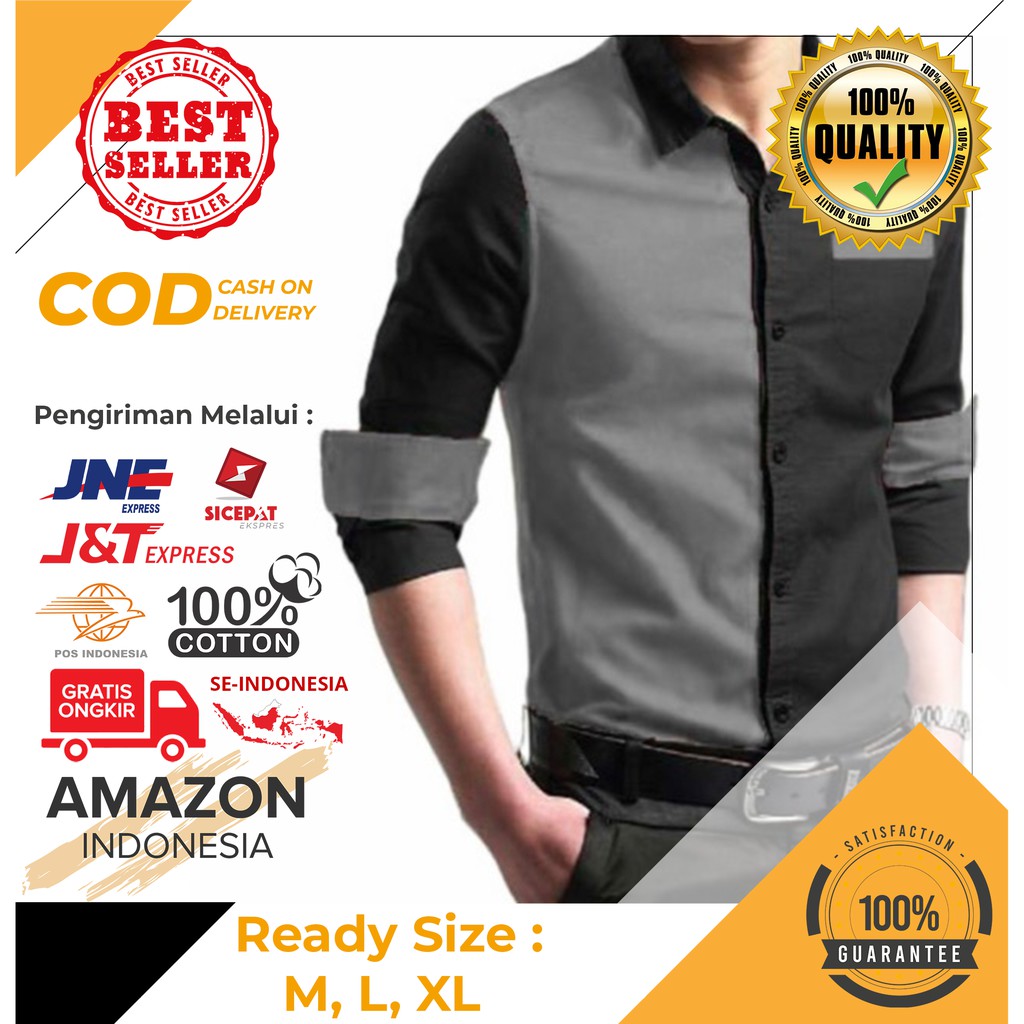 BAJU ATASAN COWOK KEMEJA PRIA WARNA GREY ABU BAHAN KATUN ASLI STRETCH MELAR DINGIN PREMIUM ORIGINAL