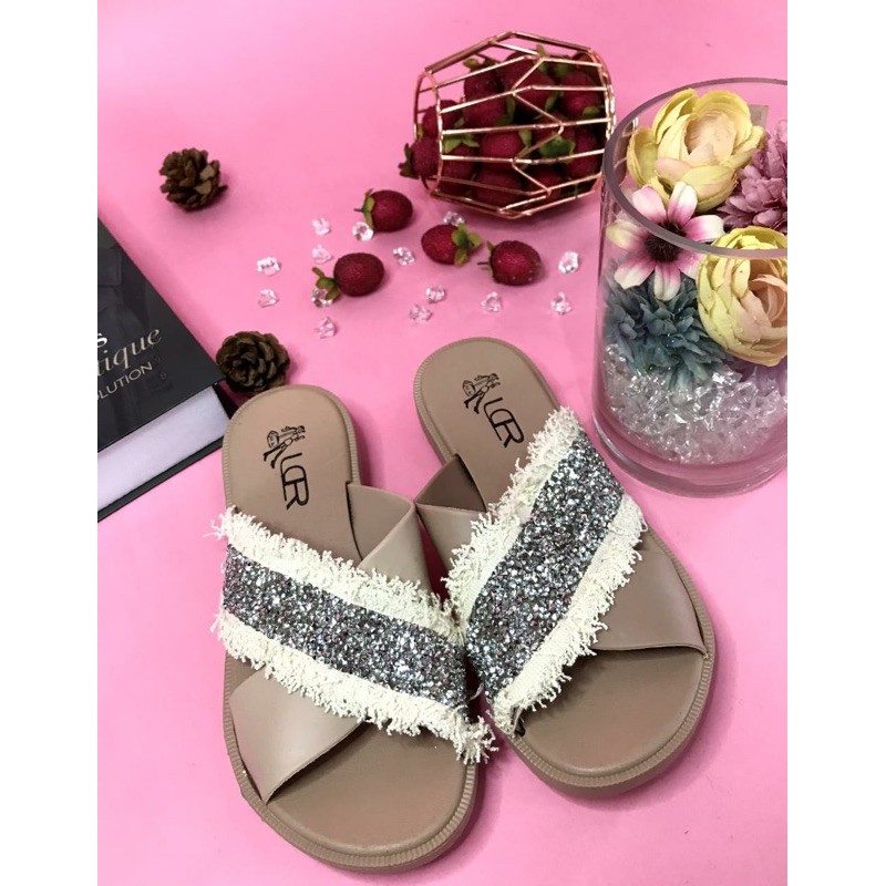 Sandal Slop Silang Gliter BEST SELLER Import LCR 2058-2L-Mocca