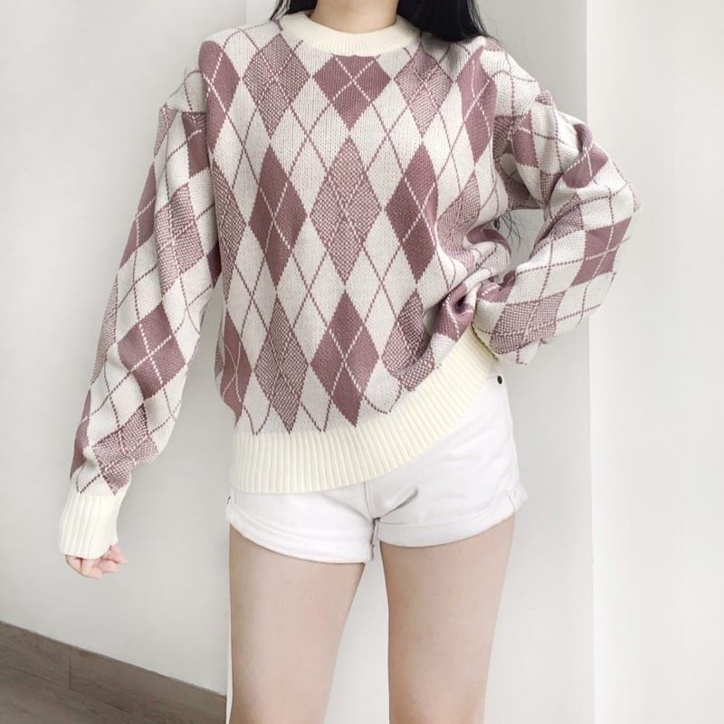 blouse wanita motip diamonds/sweater tebal premium basic rajut