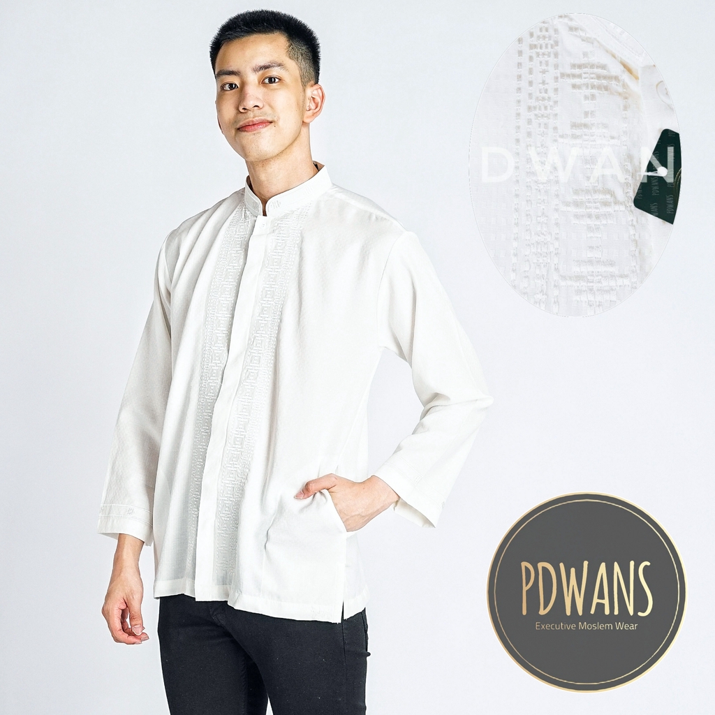 Baju Koko Muslim Dewasa Lengan Panjang Kemeja Koko Bordir Putih Tulang PDWANS - RDPJG02-3