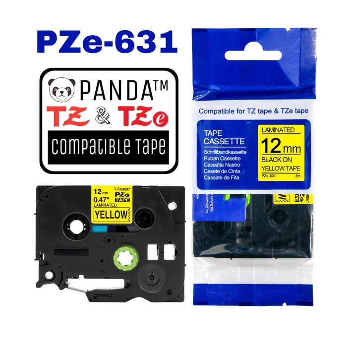 PZe-631 PANDA LABEL TAPE (TZe-631 BROTHER TAPES 12MM BLACK ON YELLOW)