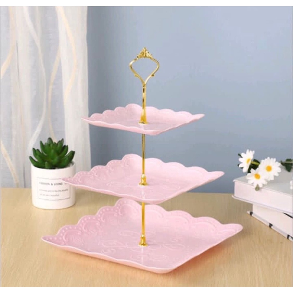 Piring 3 tier / Rak Tempat Kue 3 Tingkat / Piring Saji 3 susun / cupcake holder / tempat hidangan biskuit bertingkat / piring hidangan kue buah permen cookies / piring hidangan serbaguna ulang tahun pesta tamu arisan