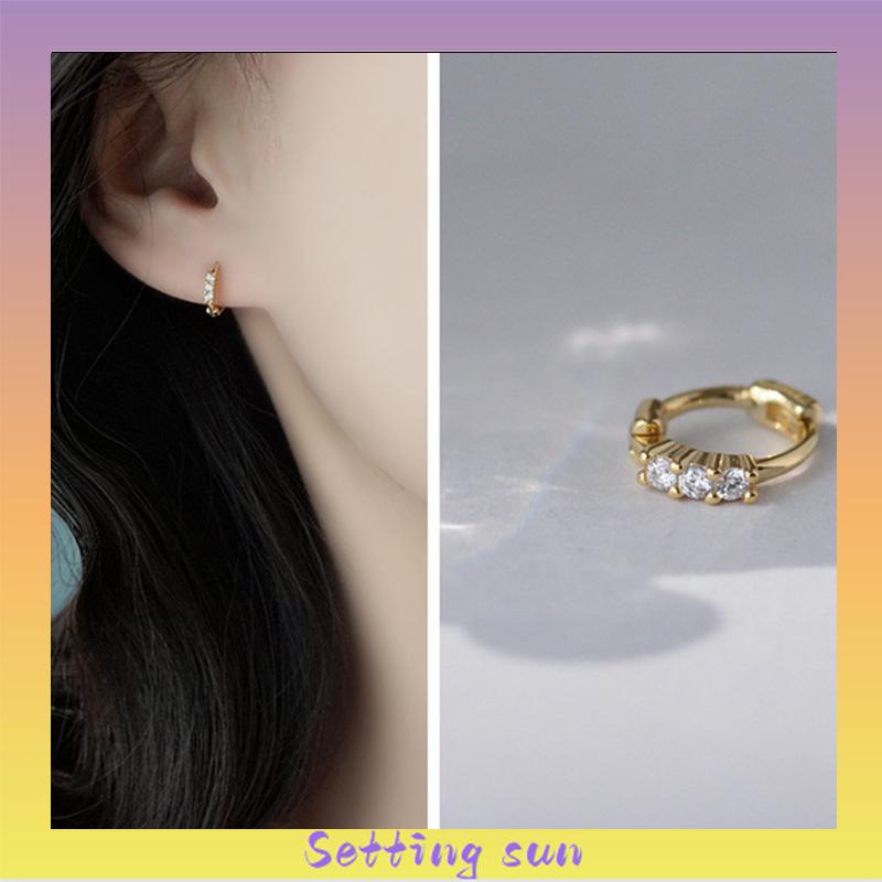 Anting Bulat Mini Lapis Emas 14k Hias Cubic Zirconia Untuk Wanita TN