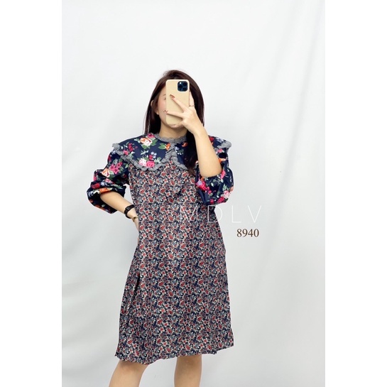 MDLV ~ 8940 Balencia Mini Dress Navy Floral Dress Mini premium Fashion Import