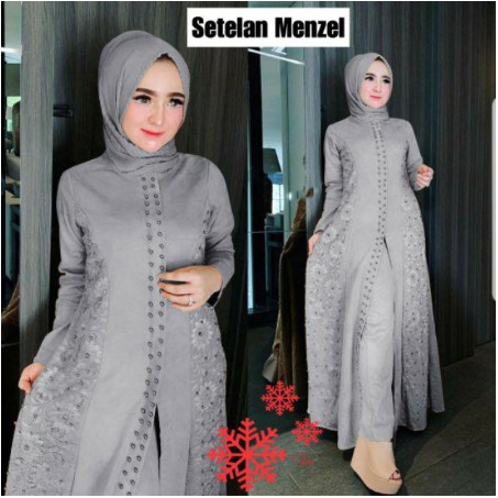Gamis Remaja Set Hijab Premium Brokat Terbaru | dewasa busui syari modern putih 019 Sabyan pesta