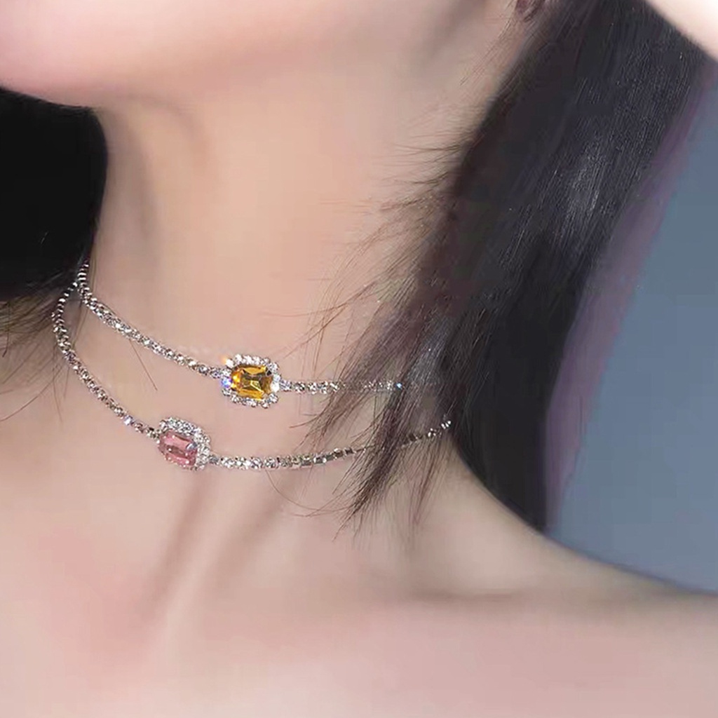 Hu Hu Hu Hu Hu Alat Bantu Pasang Kacamata♡ Kalung Choker Rantai Klavikula Dengan Liontin Berlian Imitasi Bentuk Persegi Untuk Wanita