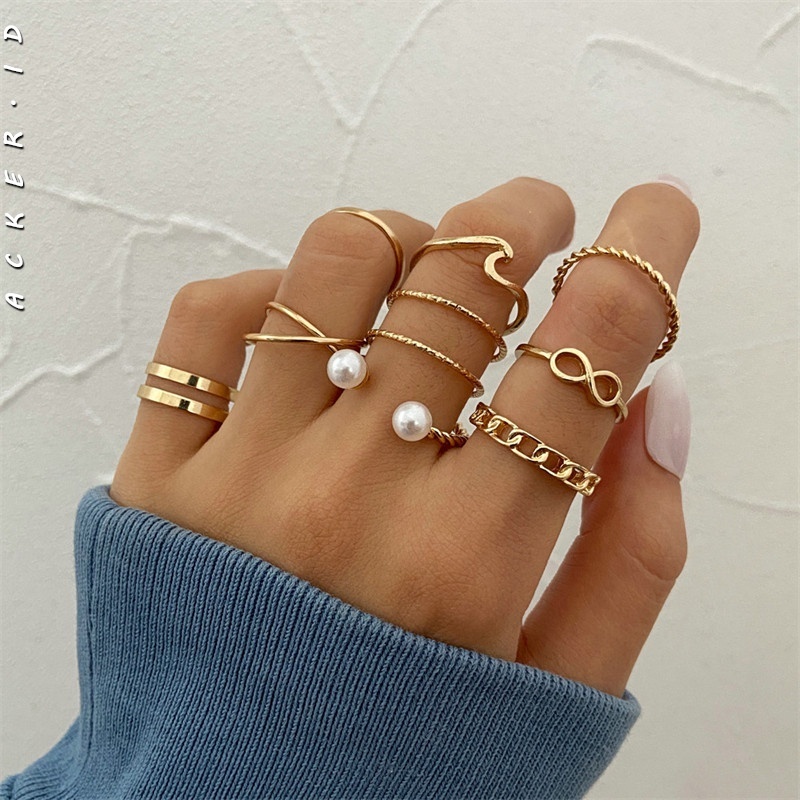 8pcs / Set Cincin Mutiara Multilayer Model Terbuka Untuk Wanita