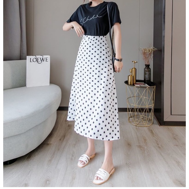 Rok Putih Chiffon Polkadot/midi Skirt Rok Korean Style