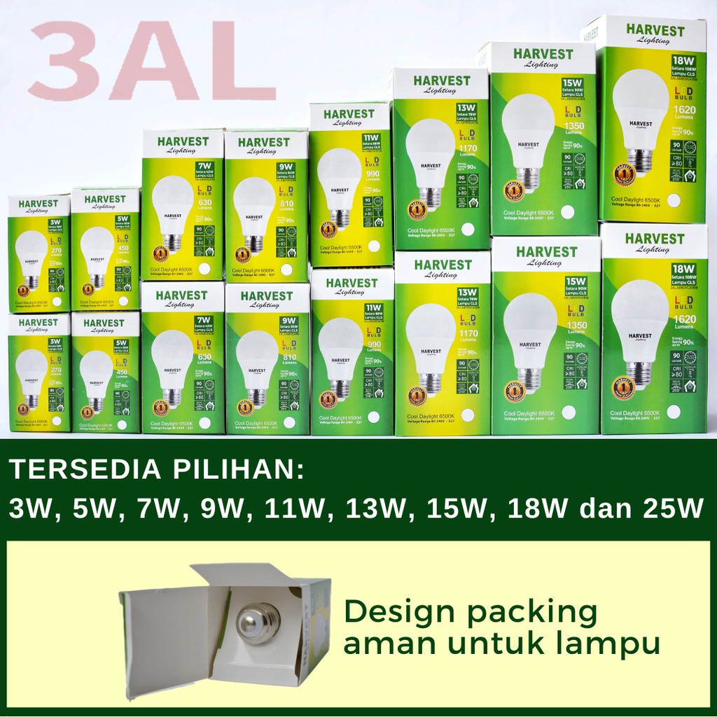 7W - Paket Isi 3 - HARVEST LIGHTING Lampu Bohlam LED A Bulb  7 Watt Lampu Hemat Energi Original Bersertifikasi SNI dan Bergaransi