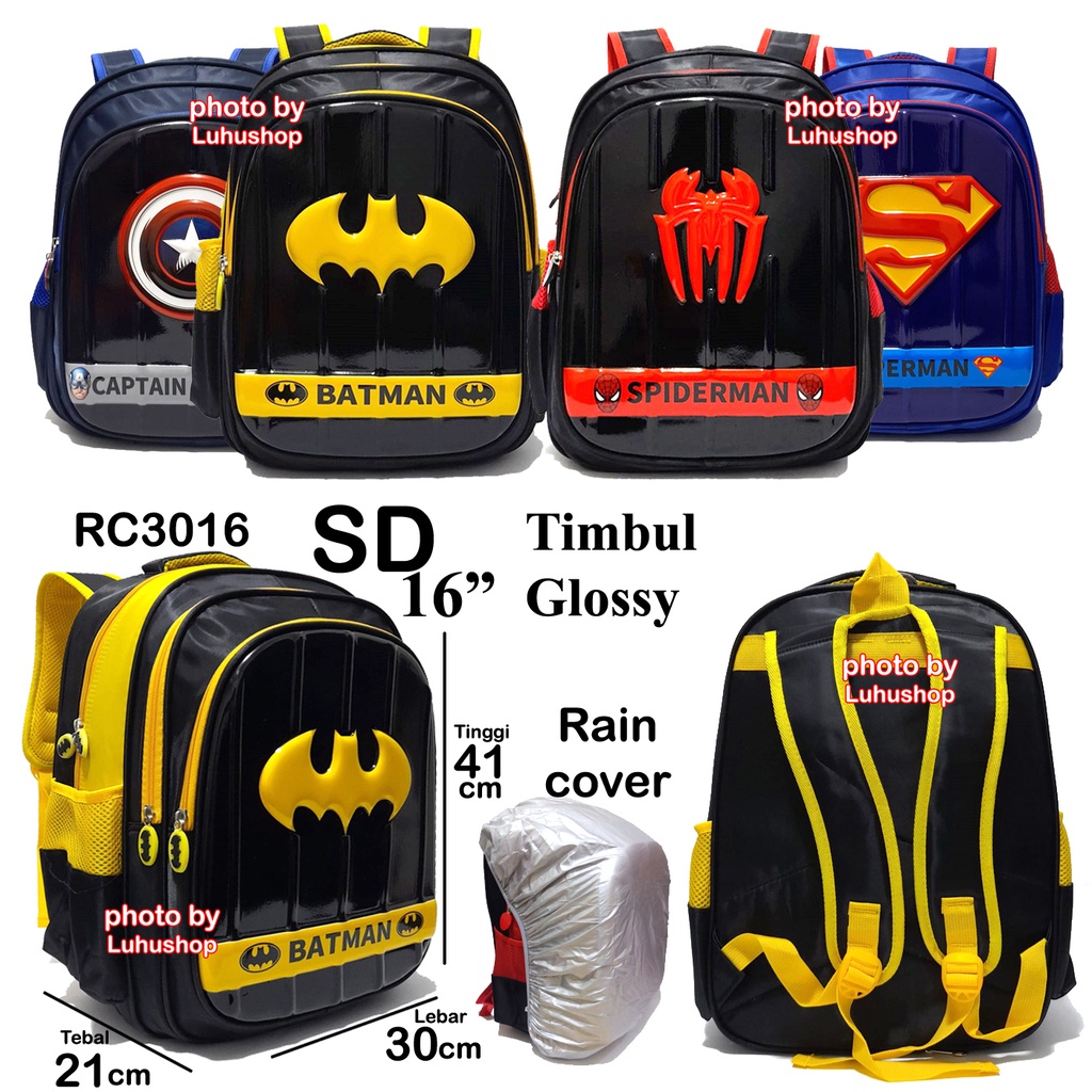 Tas Kilap Timbul Glossy TK SD Tas Sekolah Anak Cowok Superhero Tas Anak Laki Laki SD Ransel Anak Sekolah Captain Batman Spiderman 3013