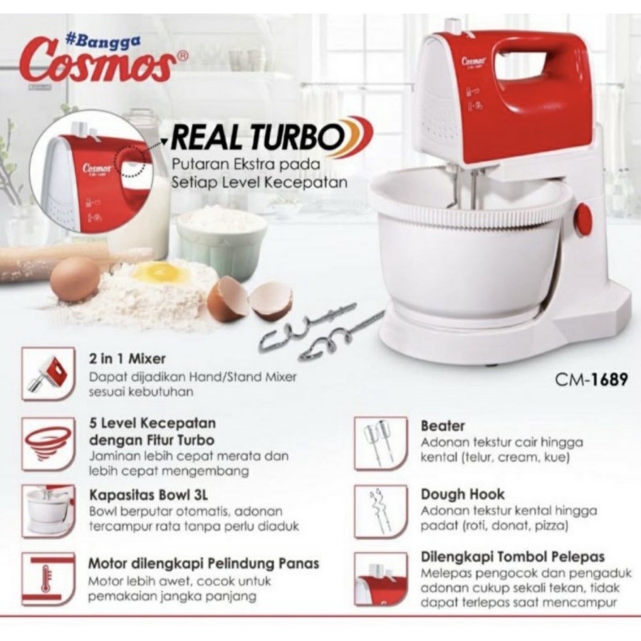 Stand Mixer Berdiri Cosmos CM 1689 Turbo 5 Speed Hand Mixer CM1689