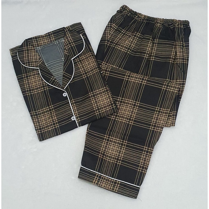 Baju Tidur Cewek Lengan Panjang Dan Lengan Pendek Motif Kotak Piyama Wanita Kekinian Pajamas Dewasa-CP GUILEN HITAM L