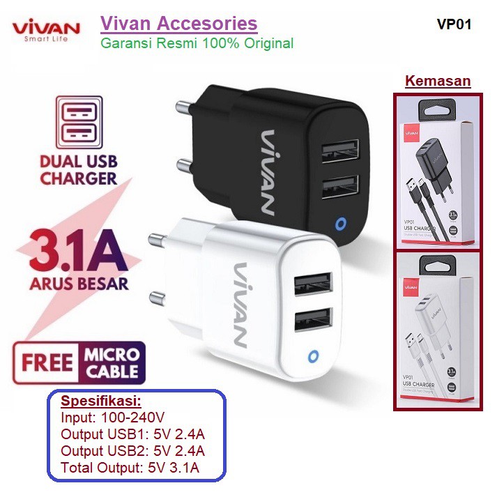 VIVAN VP01 Dual USB Charger Quick Charging 3.1A with Cable