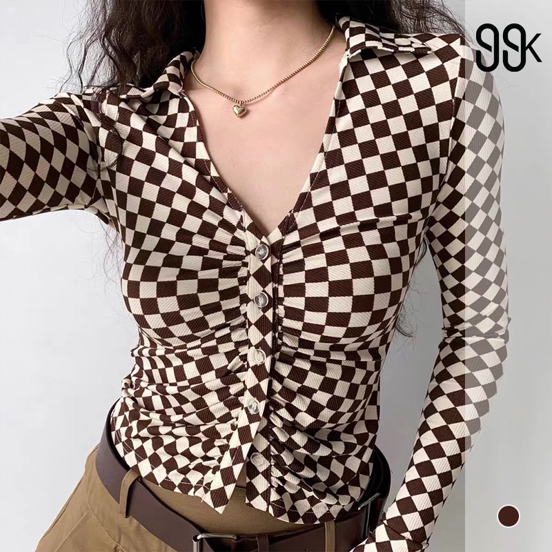 Women Retro Checkerboard Long Sleeve V-Neck Botton Atasan Wanita Lengan Panjang Motif Kotak - Kotak 2676