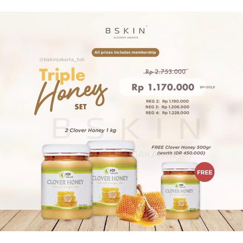 Clover Honey (Triple Set, 250gr, 500gr, dan 1 kg)
