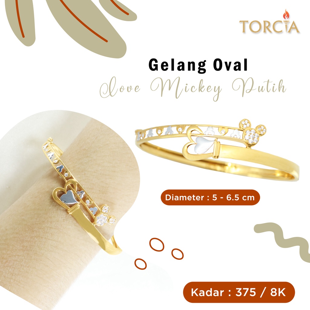 Gelang Oval Emas Asli Love Mickey Putih Kadar 375 Torcia