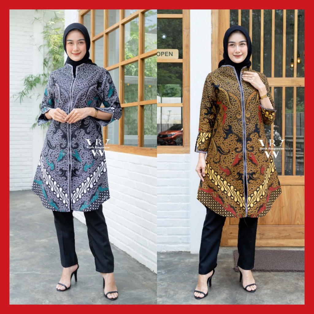 Tunik Batik Atasan Batik Wanita Modern Resleting Depan Tunik Batik Jumbo M L XL XXL XXXL