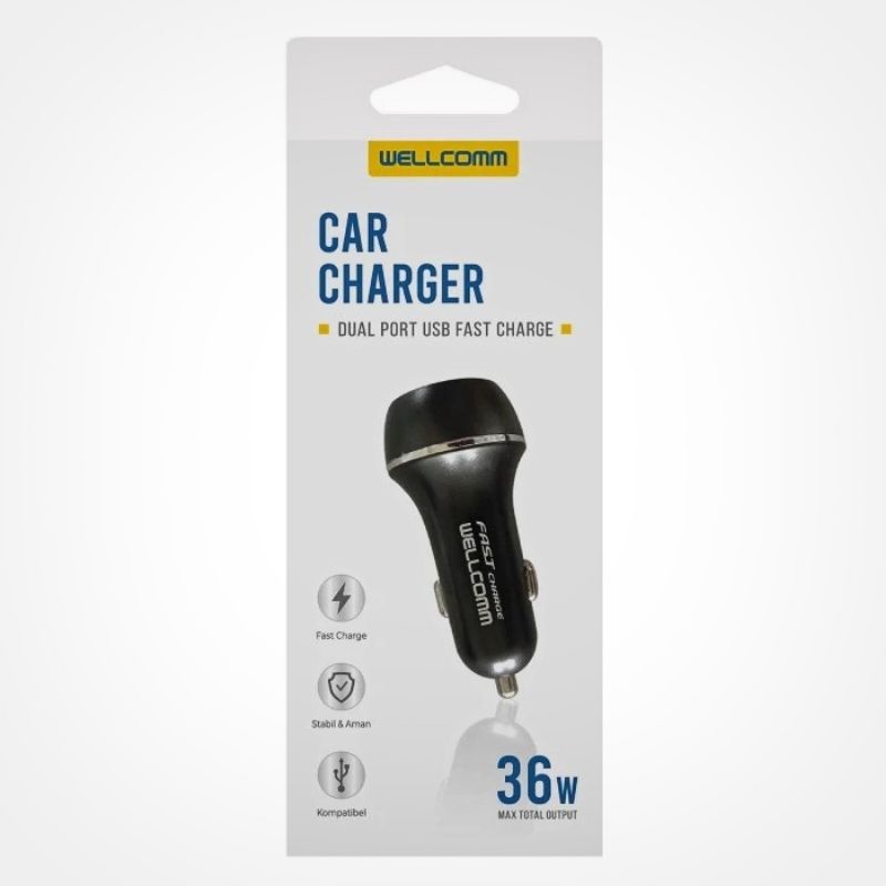 (WELLCOMM 36W) Car Charger Dual Usb Fast Charge Kabel Type C Charger Mobil 6A 36W