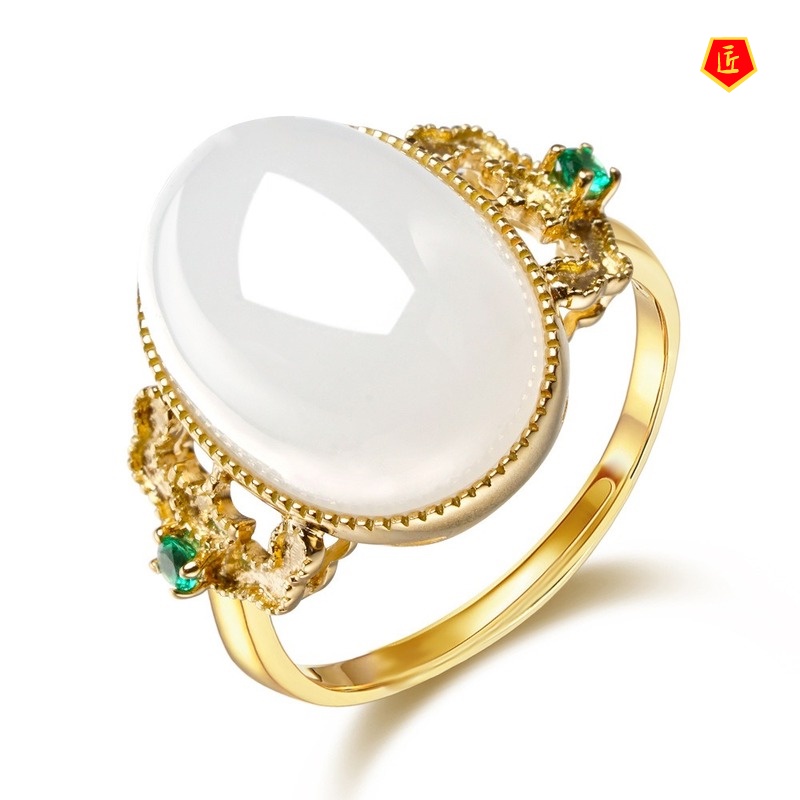 [Ready Stock]New Ear Studs White Jade Pendant Open Ring Set for Women