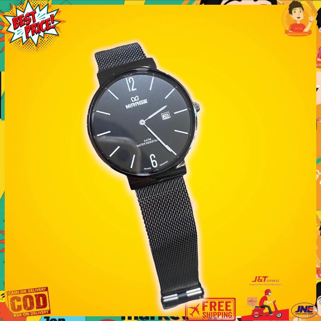 Jam pria mirage original black tali rantai pasir