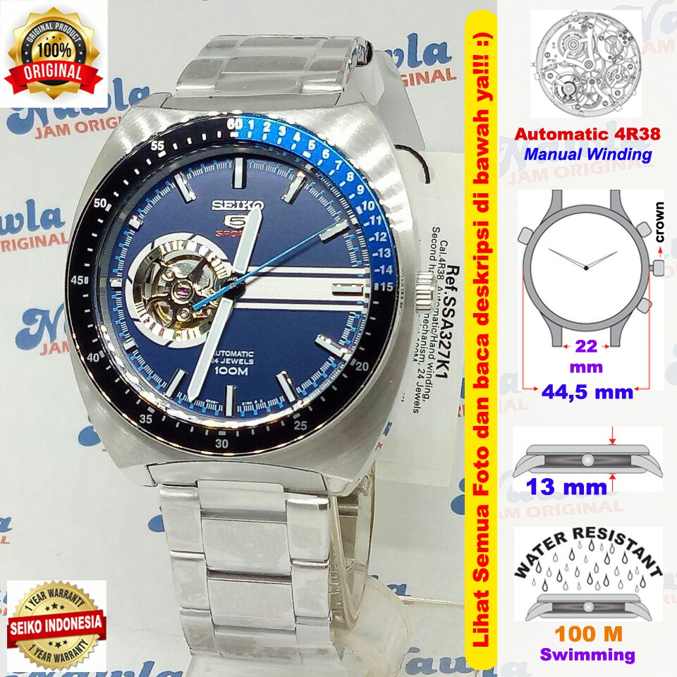 Seiko 5 Sports SSA327K1 Open Heart Blue Dial - Jam Tangan Pria SSA327