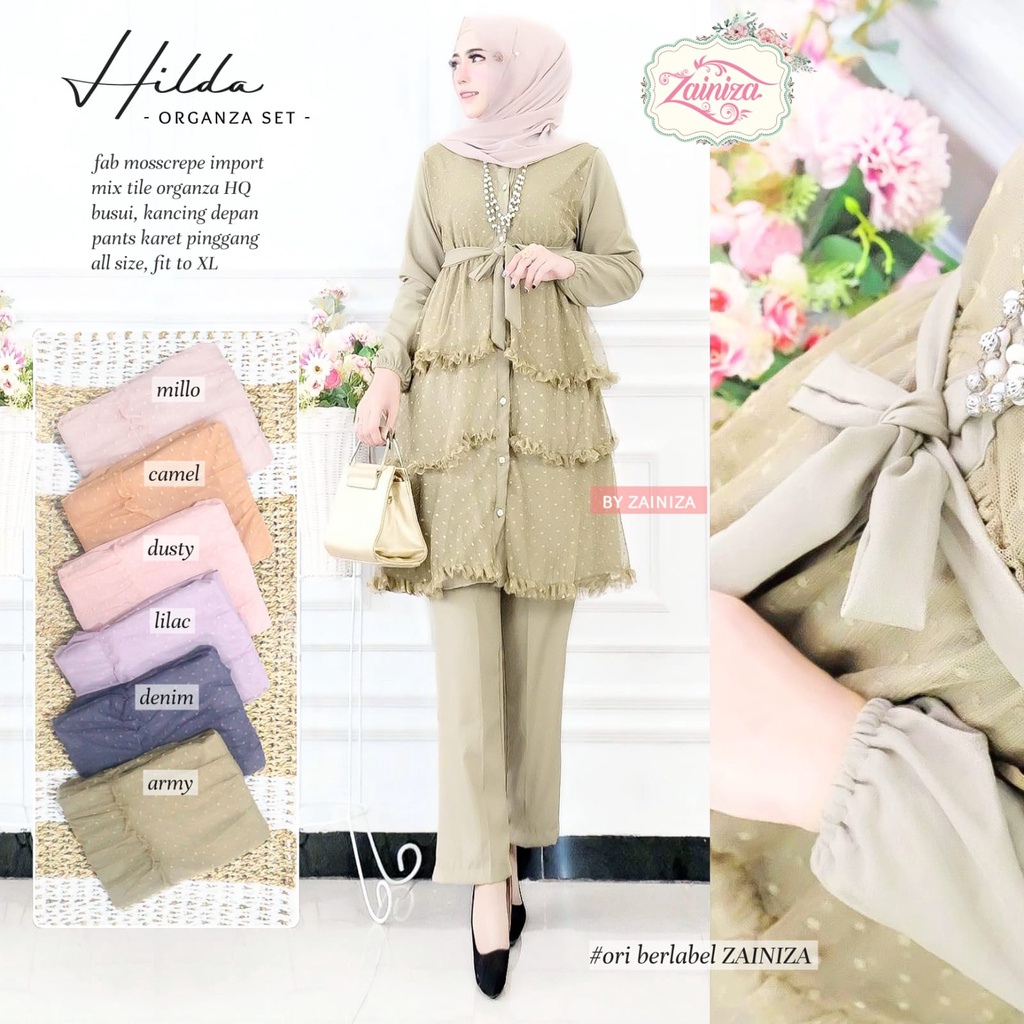 HIJABBSTORY Hilda Organza Set LD100 Fit XL Set Celana Mosscrepe Tile Organza Set Wanita Busui ZNZ MEONG