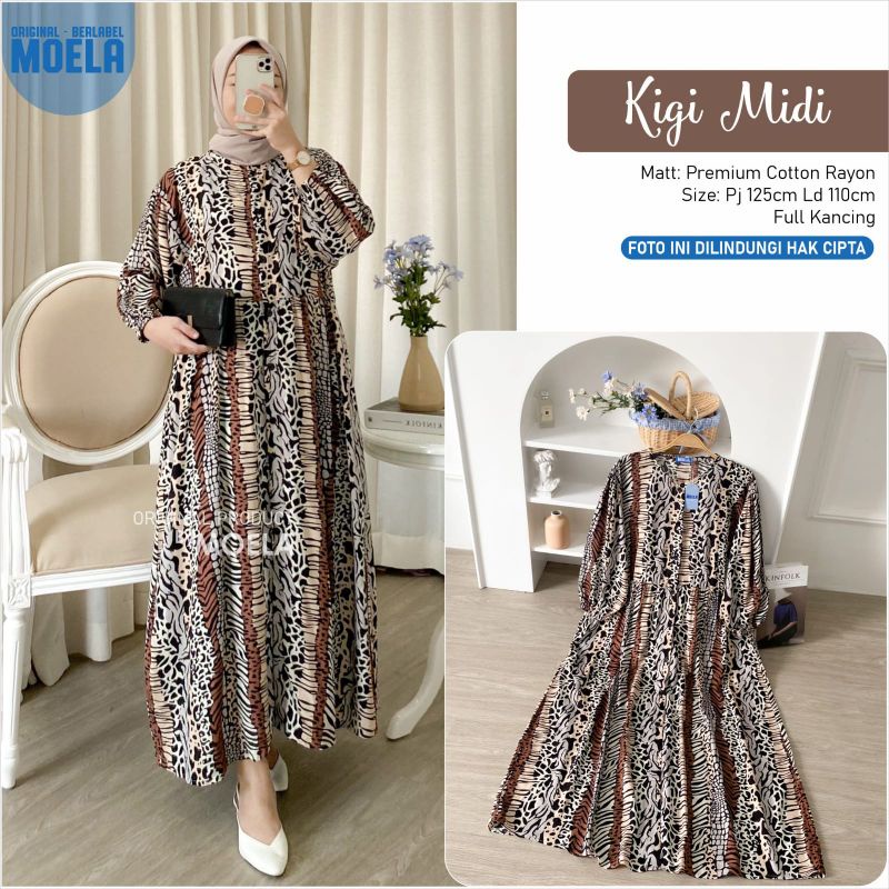 Bisti Naleo Moa Eguar Binom Ceta Jegu Lume Kigi Midi Dress motif Leopard zipper depan busui by Moela