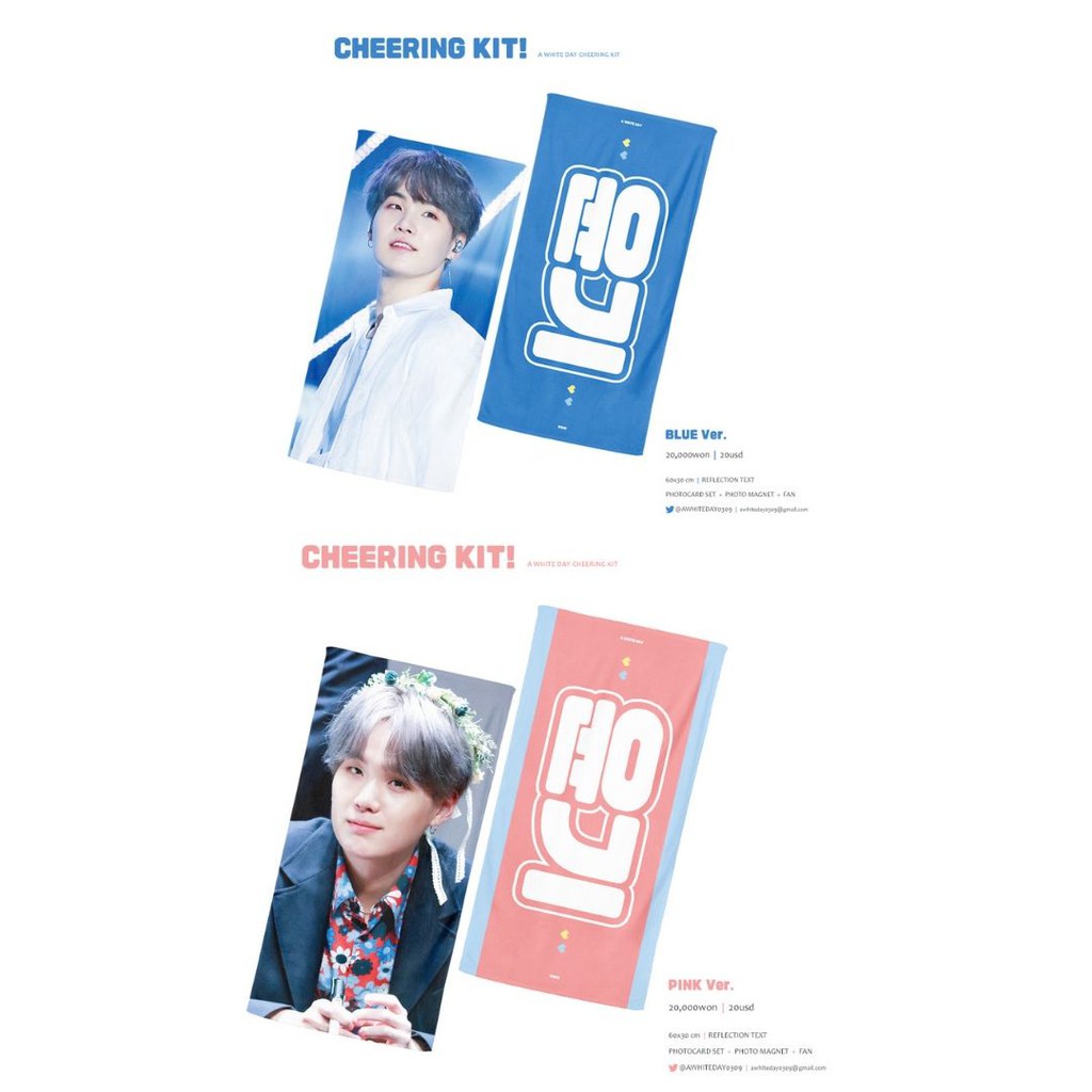 [OPEN FAST PO] BTS FANSITE GOODS - SUGA CHEERING KIT REFELECTION SLOGAN BLUE/PINK VER BY A WHITE DAY