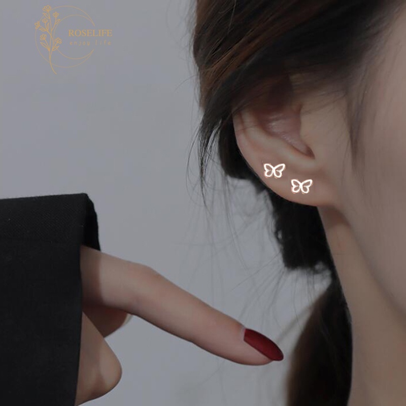 Roselife 1 Pasang Anting Tusuk Sterling Silver 925 Desain Kupu-Kupu Hollow Anti Alergi Untuk Wanita