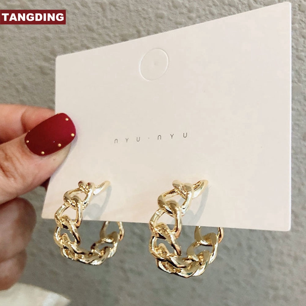 【COD Tangding】Anting Tusuk Bentuk Rantai Bulat Warna Emas Gaya Korea Untuk Wanita