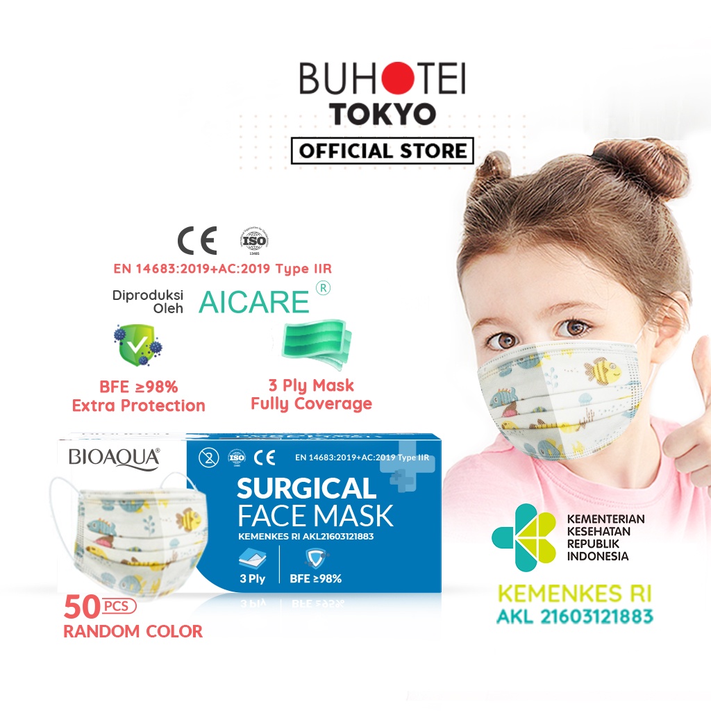 BUHOTEI Disposable Masker wajah EVO Earloop Face Mask Kesehatan masker medis-BA-Anak Random 50pcs