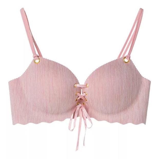 miss Hot Sale Bra Wanita Model Tanpa Kawat Dengan Bahan Halus Dan Hiasan Renda Sexy push-up-bra-113 Pink