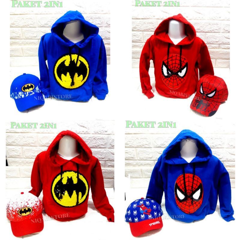 Paket 2in1 Jaket Sweater Hoodie anak laki Karakter Usap dan Led Superhero Usia 2-9thn