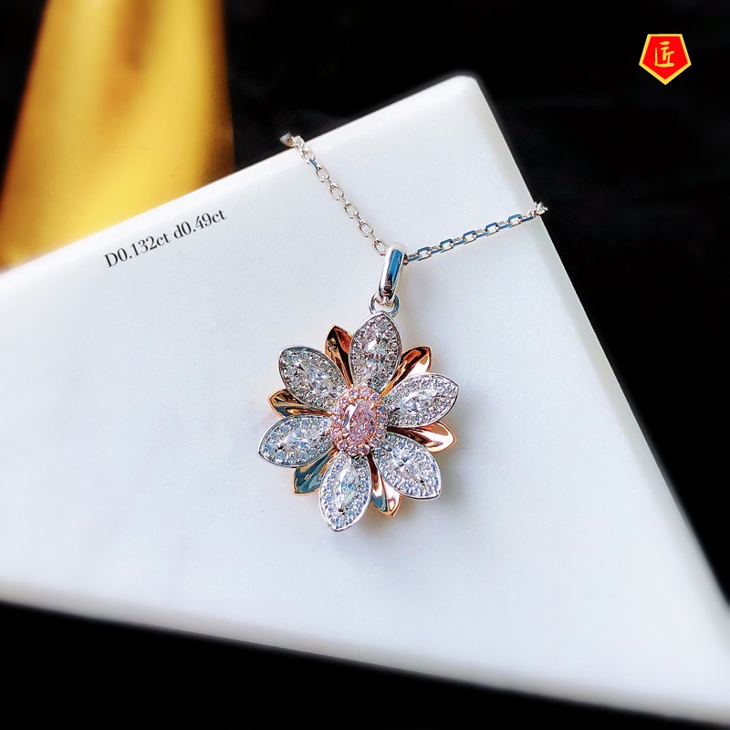 [Ready Stock]Women's Pink Diamond Lotus Open Rings Ear Studs Necklace Set