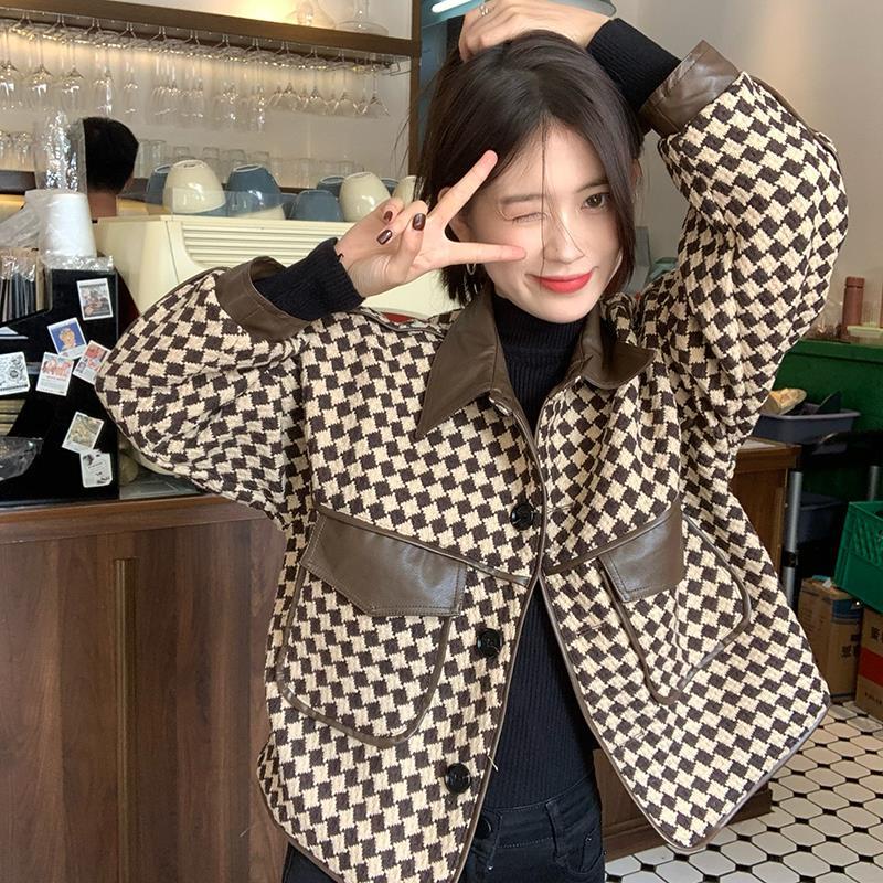 jaket korean style wanita coat retro french houndstooth jahitan atasan lengan pendek tebal menebal