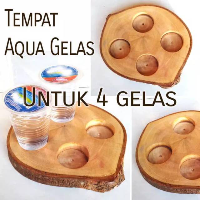 Nampan minuman gelas 4 lubang tempat aqua gelas wood tray Coaster kayu